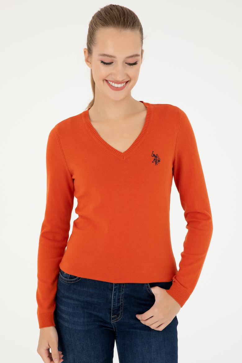 Kadın Kiremit V Yaka Basic Kazak - 50293542099