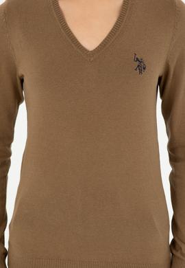 Kadın Koyu Haki Melanj V Yaka Basic Kazak - 50293542085