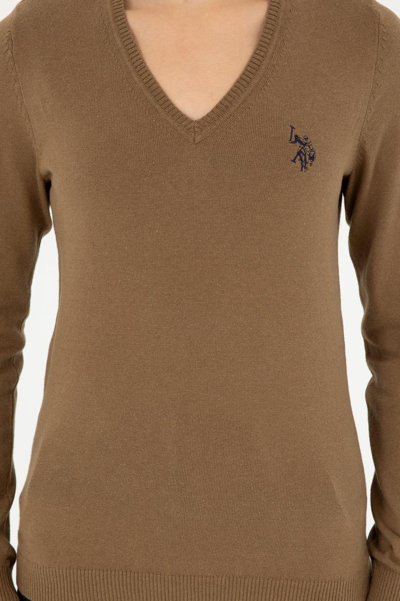 Kadın Koyu Haki Melanj V Yaka Basic Kazak - 50293542085