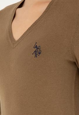 Kadın Koyu Haki Melanj V Yaka Basic Kazak - 50293542085