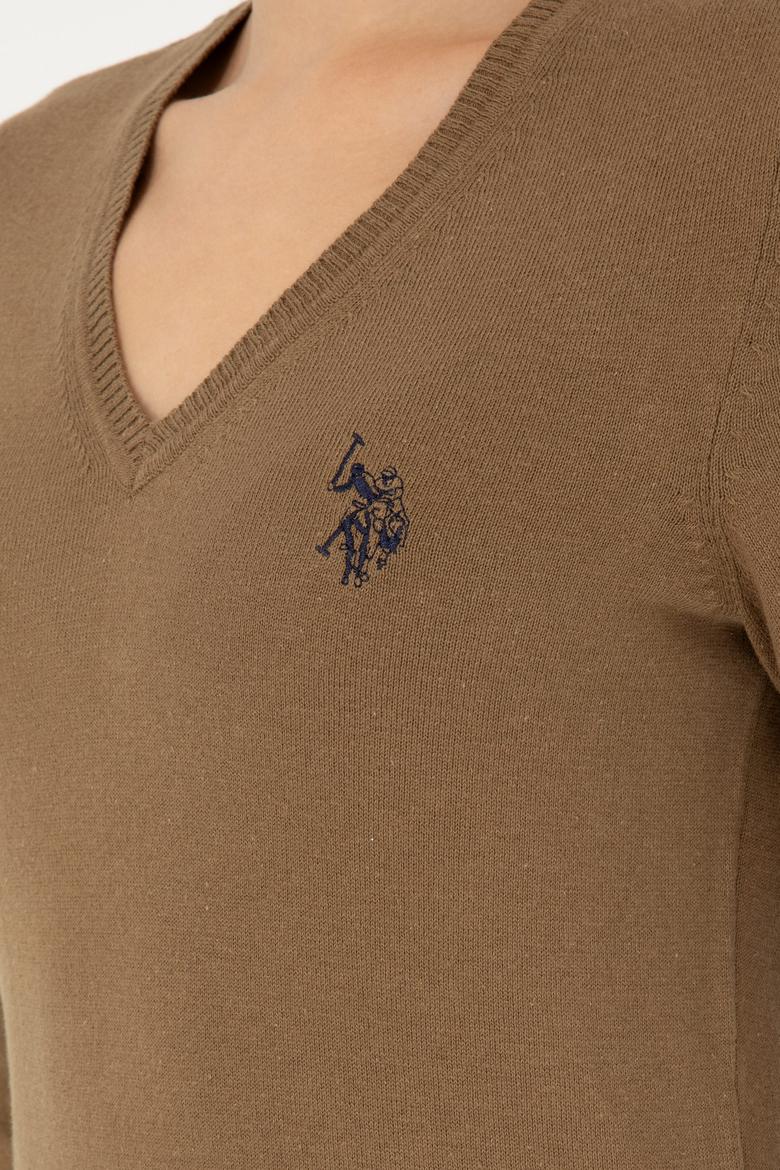 Kadın Koyu Haki Melanj V Yaka Basic Kazak - 50293542085