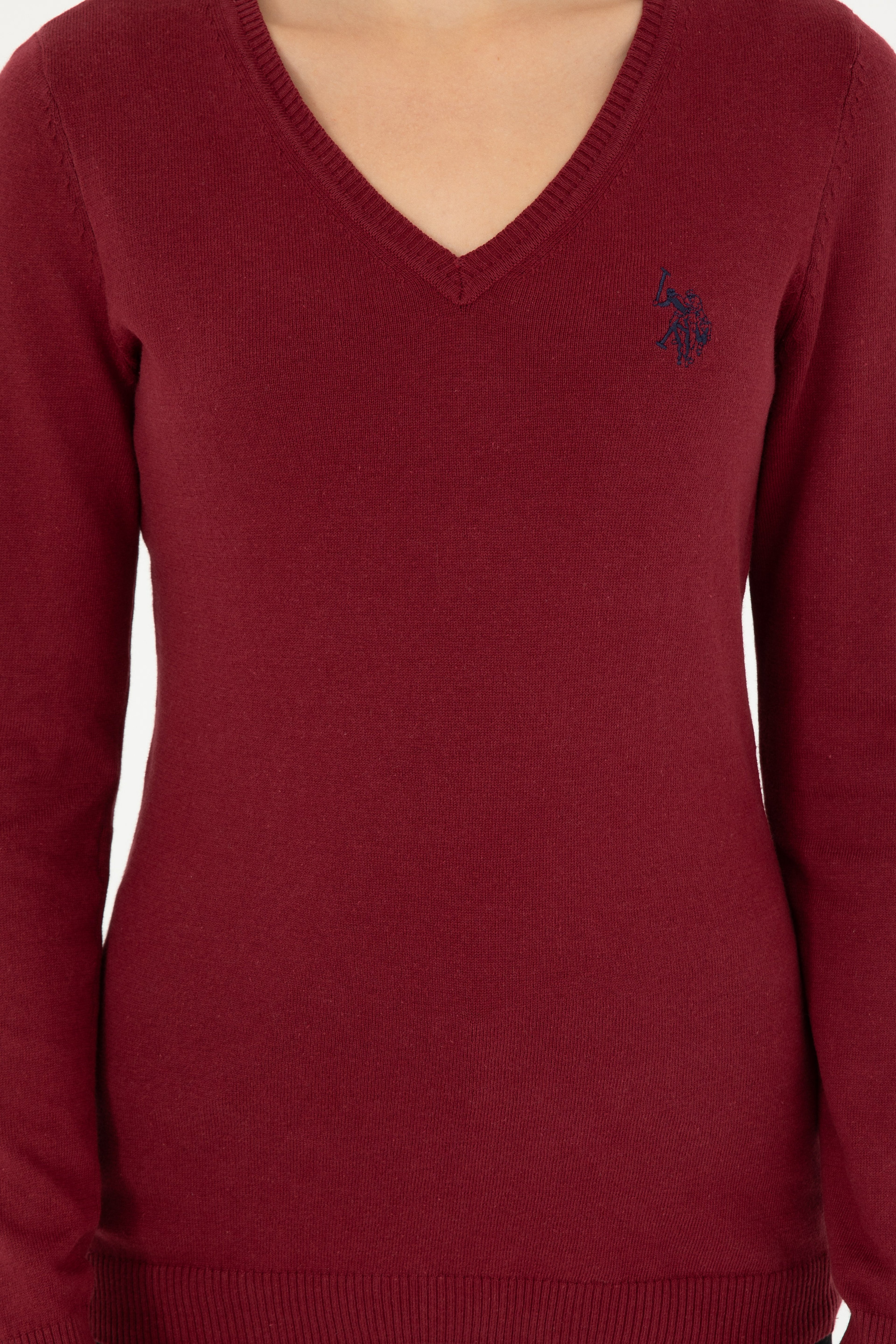 Kadın Bordo V Yaka Basic Kazak - Image 6