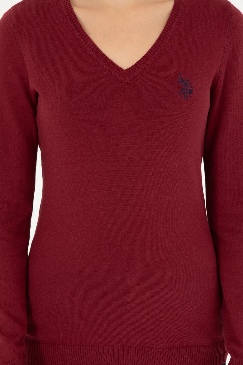 Kadın Bordo V Yaka Basic Kazak - 50293542020