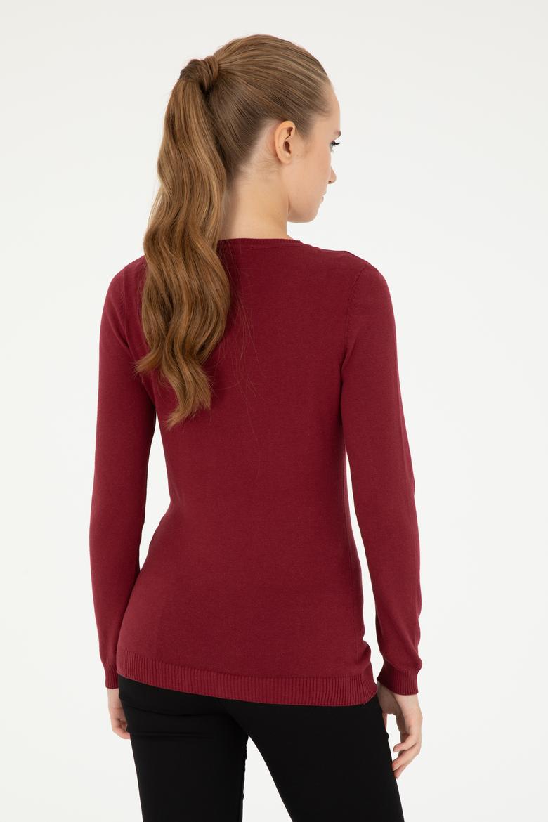 Kadın Bordo V Yaka Basic Kazak - 50293542020