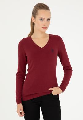 Kadın Bordo V Yaka Basic Kazak - 50293542020