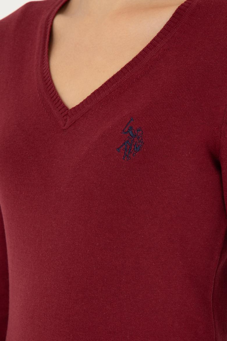 Kadın Bordo V Yaka Basic Kazak - 50293542020