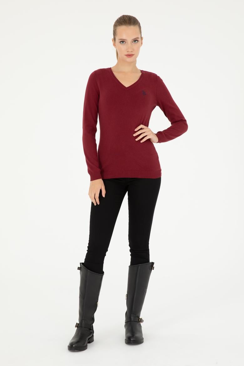 Kadın Bordo V Yaka Basic Kazak - 50293542020