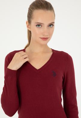 Kadın Bordo V Yaka Basic Kazak - 50293542020