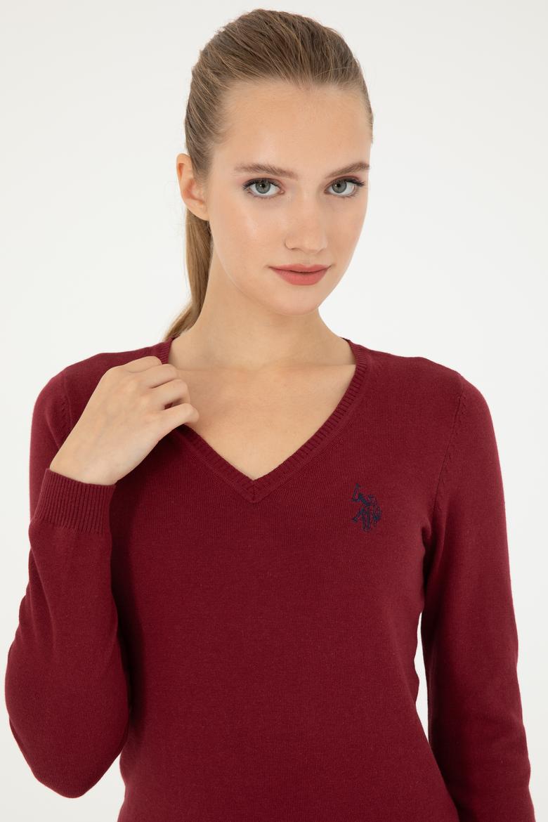 Kadın Bordo V Yaka Basic Kazak - 50293542020
