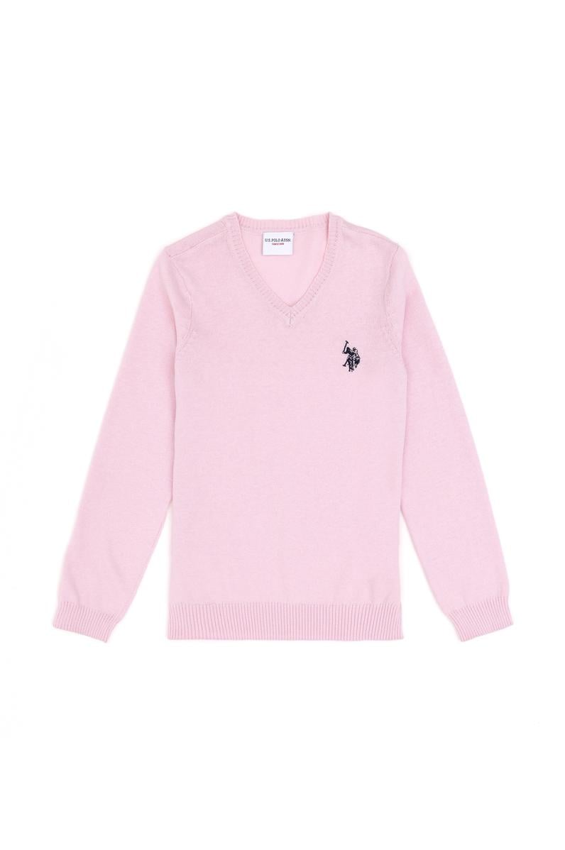 Kız Çocuk Pembe V Yaka Basic Kazak