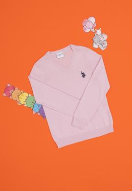 Kız Çocuk Pembe V Yaka Basic Kazak - 50294198036