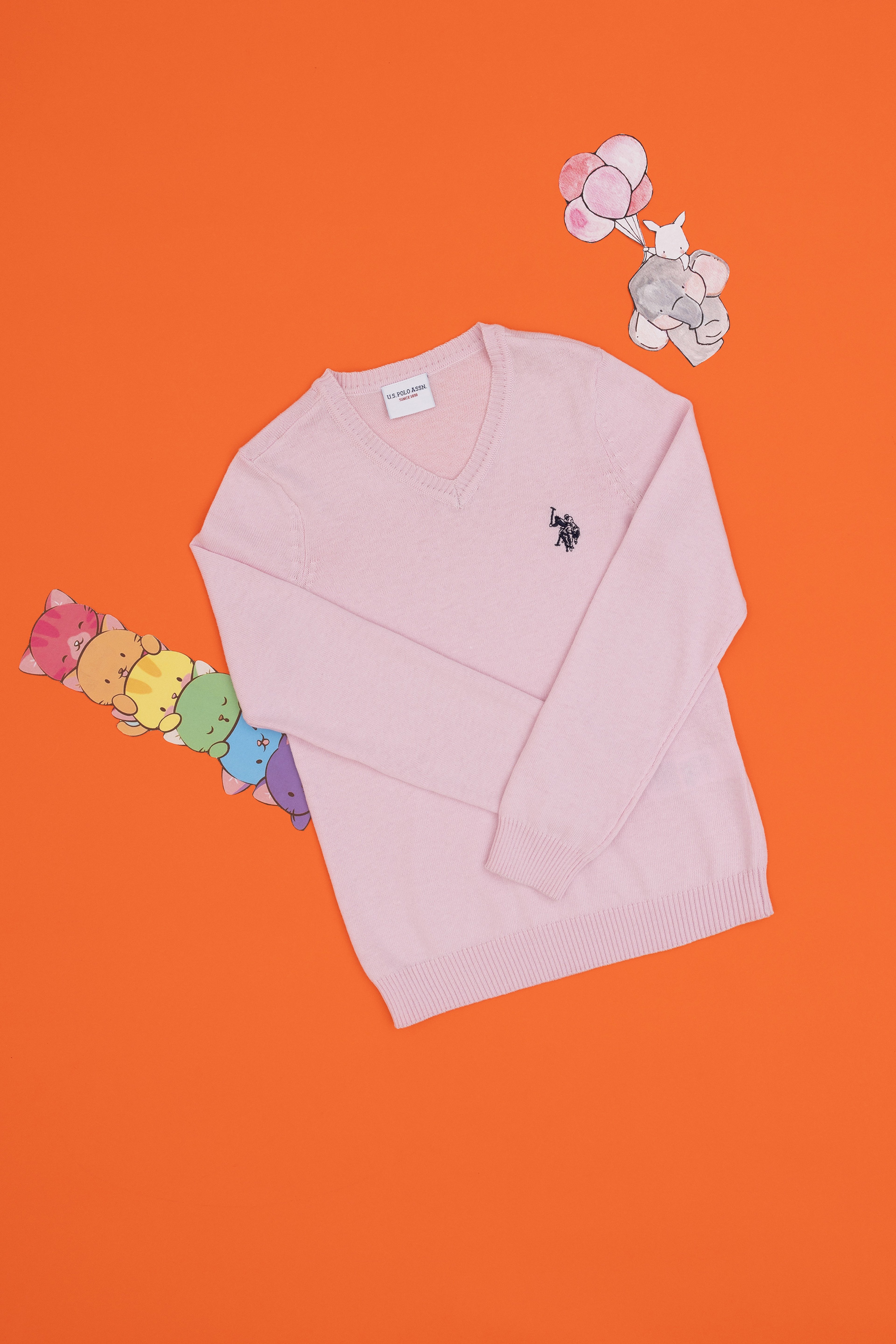 Kız Çocuk Pembe V Yaka Basic Kazak