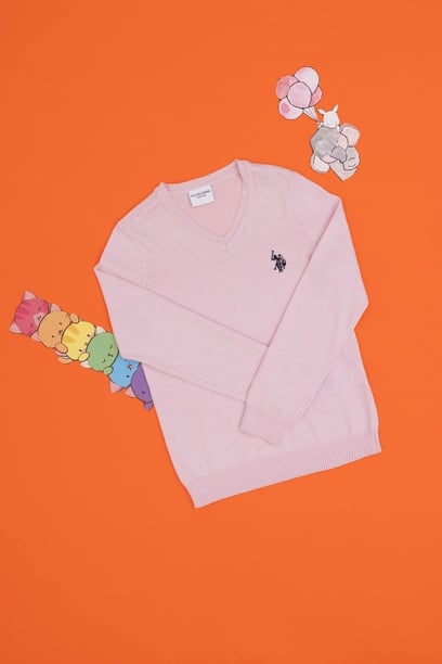 Kız Çocuk Pembe V Yaka Basic Kazak