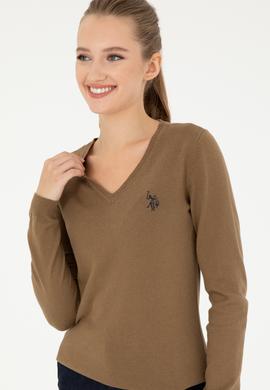 Kadın Koyu Haki Melanj V Yaka Basic Kazak - 50293542085