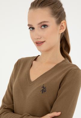 Kadın Koyu Haki Melanj V Yaka Basic Kazak - 50293542085