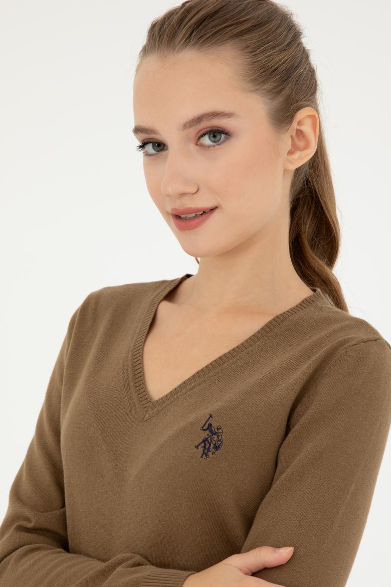 Kadın Koyu Haki Melanj V Yaka Basic Kazak - 50293542085