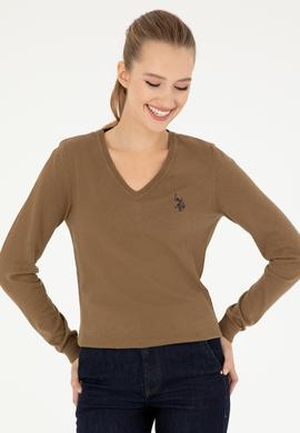 Kadın Koyu Haki Melanj V Yaka Basic Kazak - 50293542085