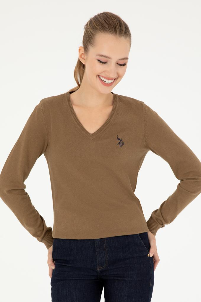 Kadın Koyu Haki Melanj V Yaka Basic Kazak