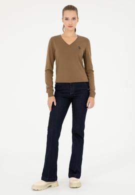 Kadın Koyu Haki Melanj V Yaka Basic Kazak - 50293542085