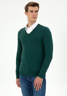 Erkek Slim Fit V Yaka Koyu Yeşil Basic Kazak - 50293512152