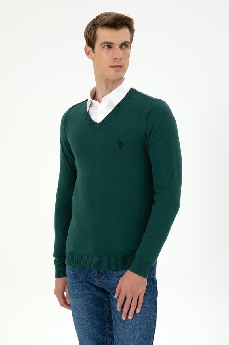 Erkek Slim Fit V Yaka Koyu Yeşil Basic Kazak