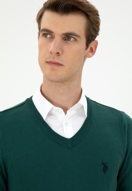 Erkek Slim Fit V Yaka Koyu Yeşil Basic Kazak - 50293512152