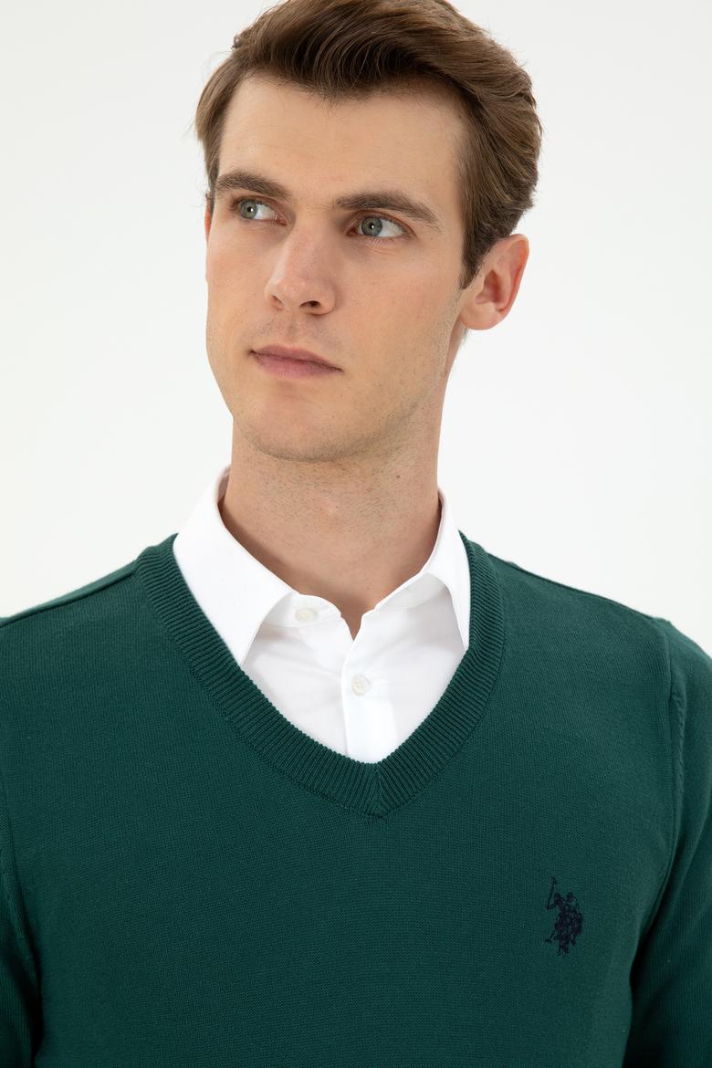 Erkek Slim Fit V Yaka Koyu Yeşil Basic Kazak - 50293512152