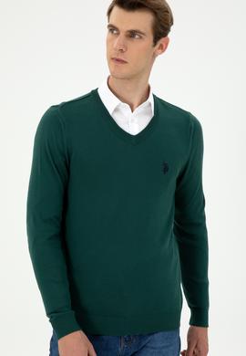 Erkek Slim Fit V Yaka Koyu Yeşil Basic Kazak - 50293512152