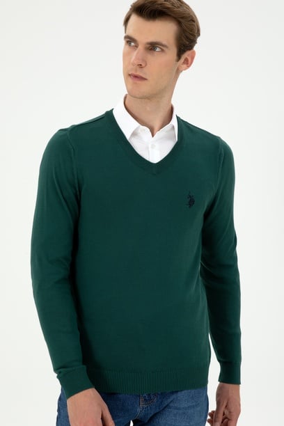 Erkek Slim Fit V Yaka Koyu Yeşil Basic Kazak