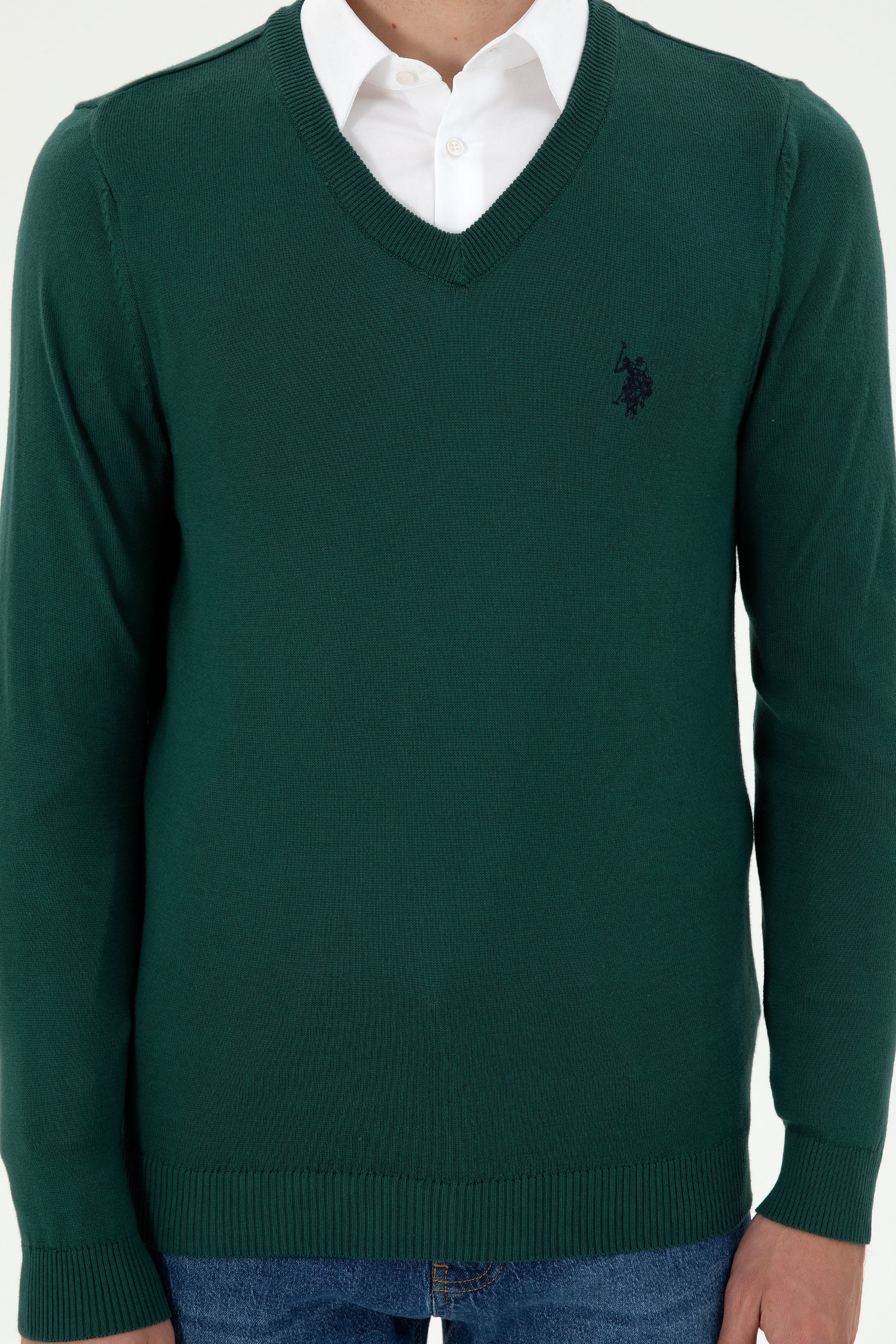 Erkek Slim Fit V Yaka Koyu Yeşil Basic Kazak