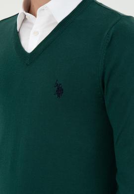 Erkek Slim Fit V Yaka Koyu Yeşil Basic Kazak - 50293512152