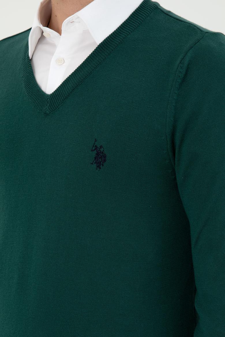 Erkek Slim Fit V Yaka Koyu Yeşil Basic Kazak - 50293512152