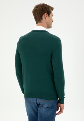 Erkek Slim Fit V Yaka Koyu Yeşil Basic Kazak - 50293512152