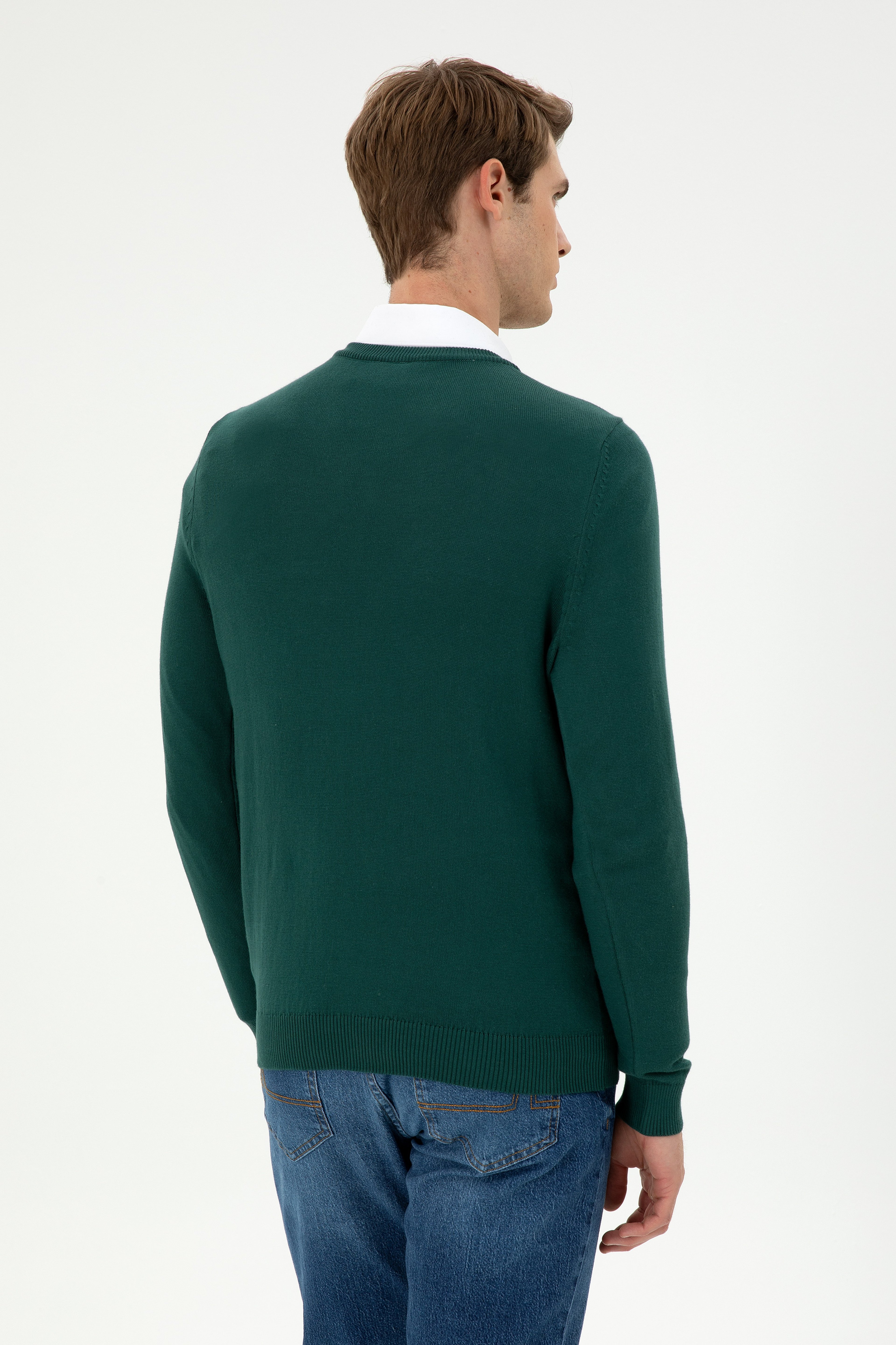 Erkek Slim Fit V Yaka Koyu Yeşil Basic Kazak