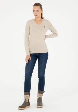 Kadın Taş Melanj V Yaka Basic Kazak - 50293542028