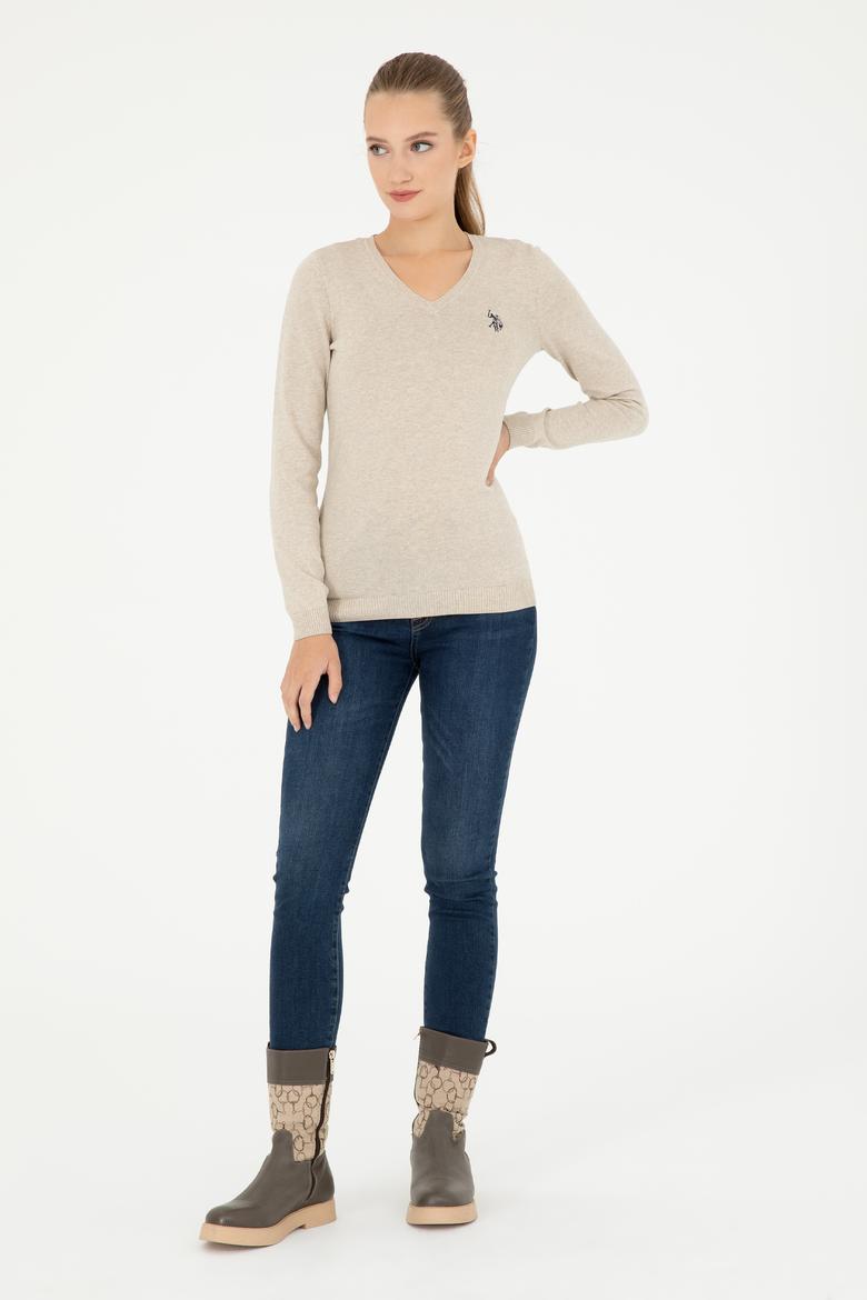Kadın Taş Melanj V Yaka Basic Kazak - 50293542028