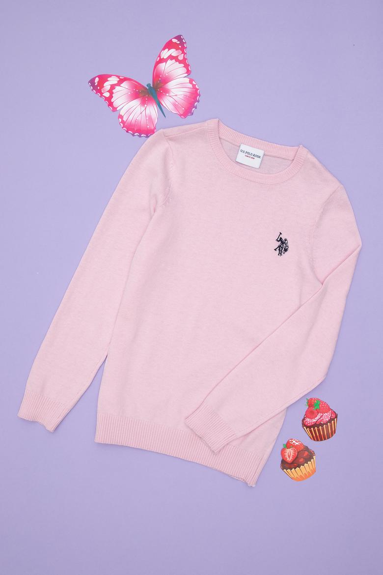 Kız Çocuk Pembe Bisiklet Yaka Basic Kazak