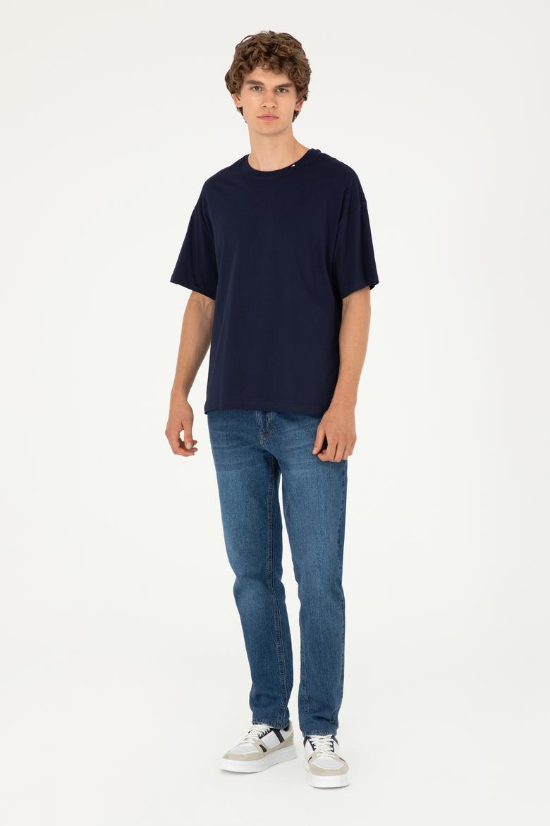 Erkek Oversize Fit Bisiklet Yaka Lacivert Tişört - 50294288026