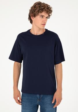 Erkek Oversize Fit Bisiklet Yaka Lacivert Tişört - 50294288026