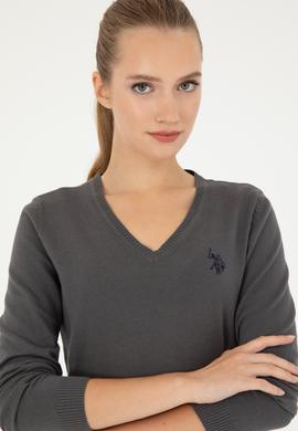 Kadın Antrasit V Yaka Basic Kazak - 50293542011