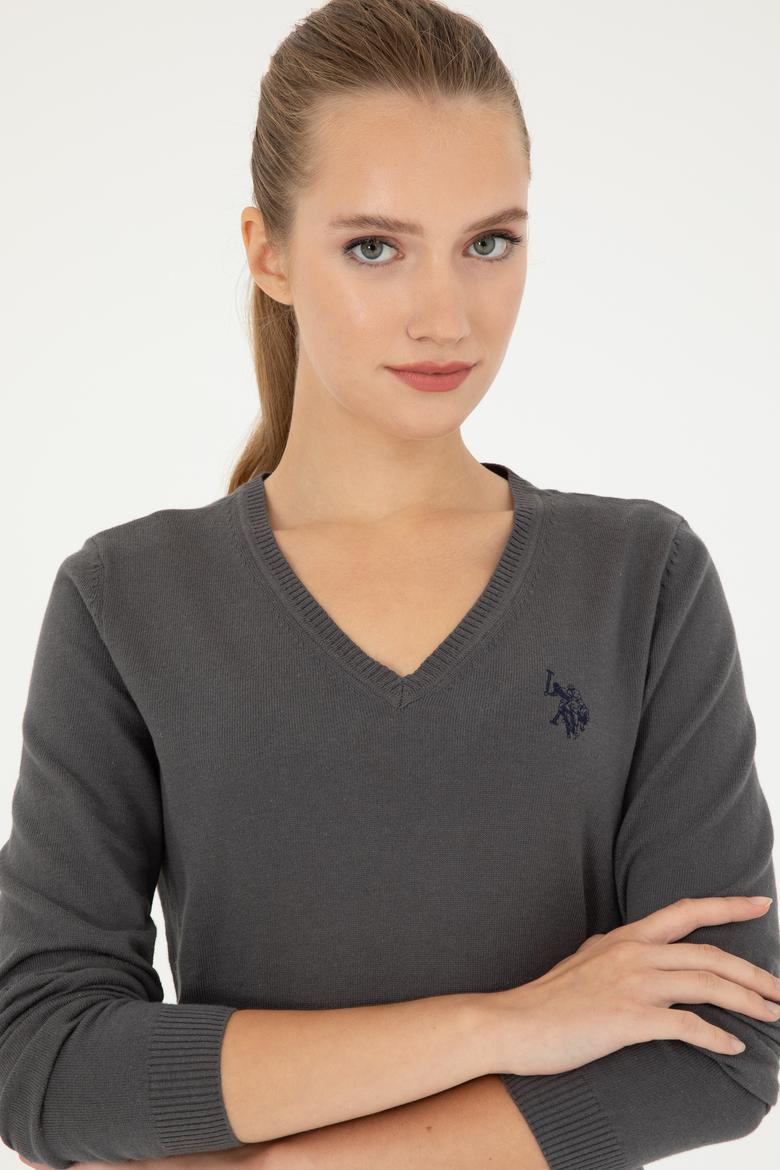 Kadın Antrasit V Yaka Basic Kazak - 50293542011