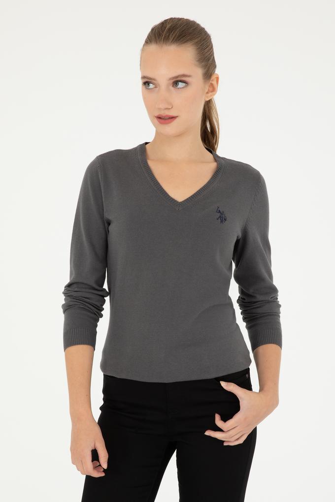 Kadın Antrasit V Yaka Basic Kazak