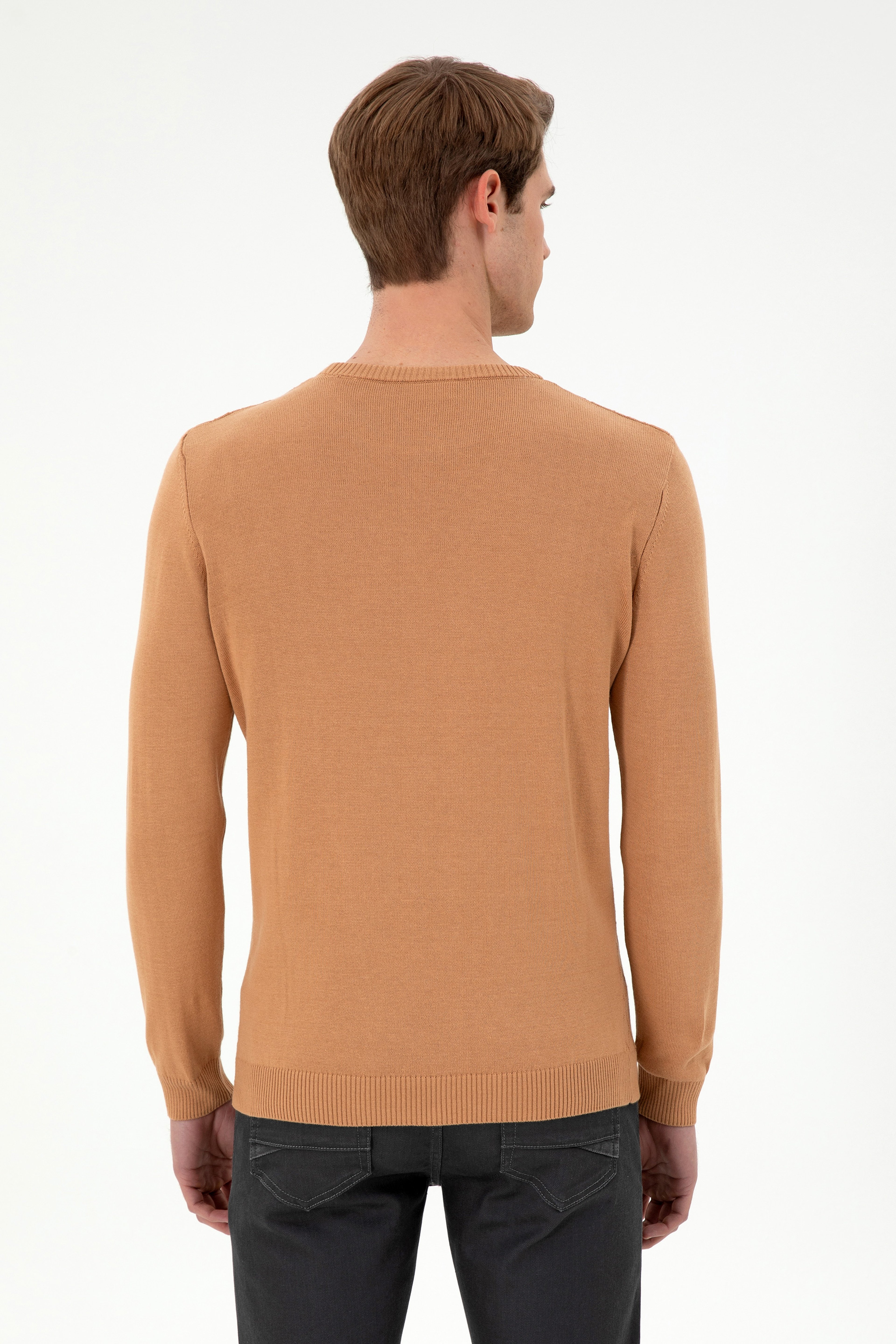 Erkek Slim Fit Bisiklet Yaka Camel Kazak
