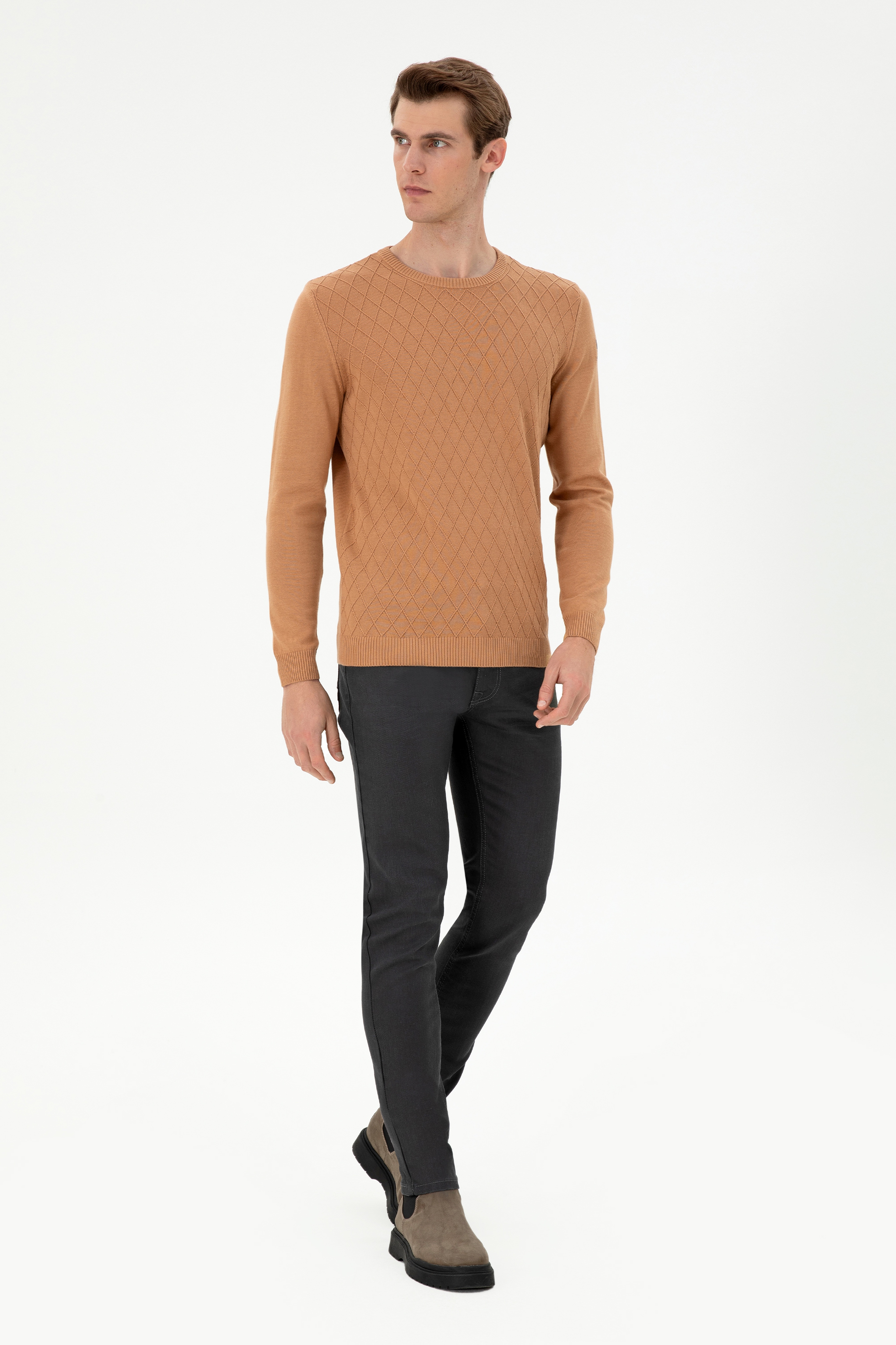 Erkek Slim Fit Bisiklet Yaka Camel Kazak
