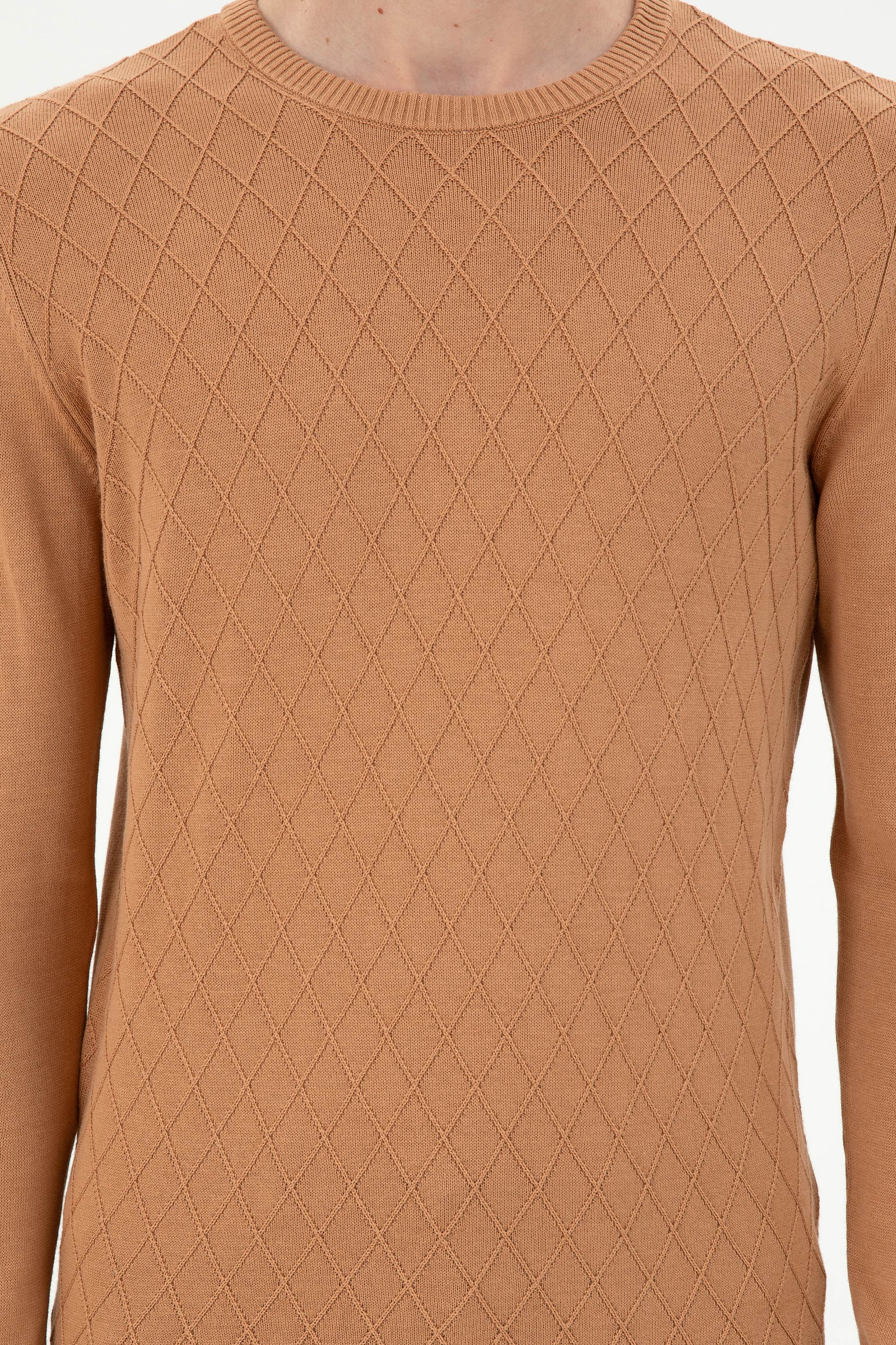 Erkek Slim Fit Bisiklet Yaka Camel Kazak
