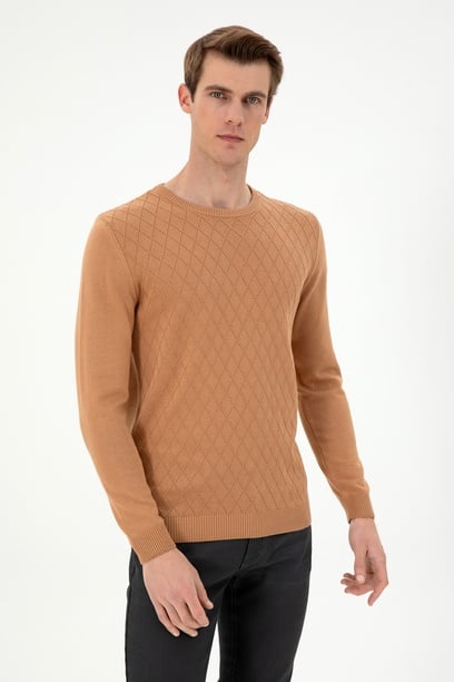 Erkek Slim Fit Bisiklet Yaka Camel Kazak