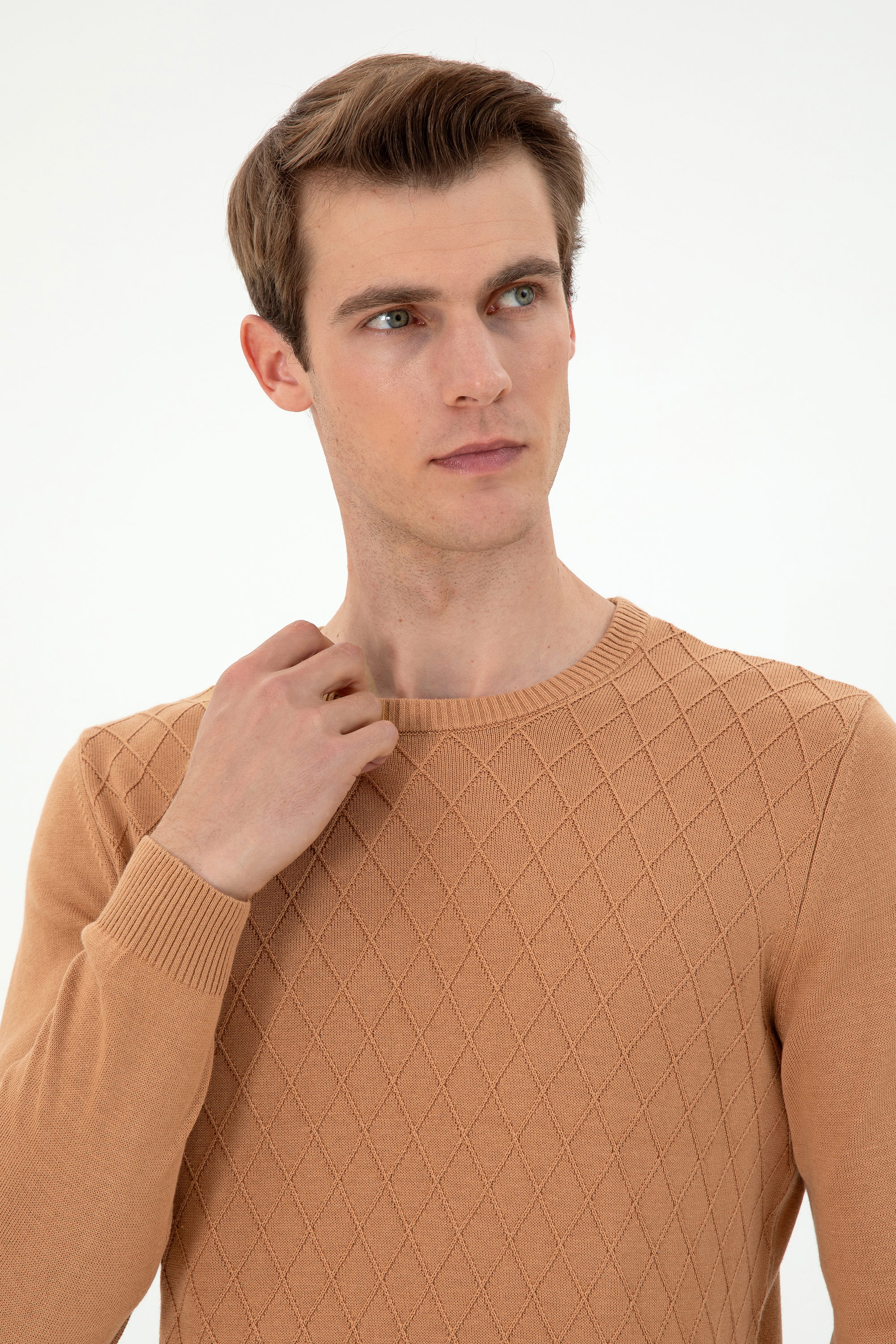Erkek Slim Fit Bisiklet Yaka Camel Kazak - Image 2