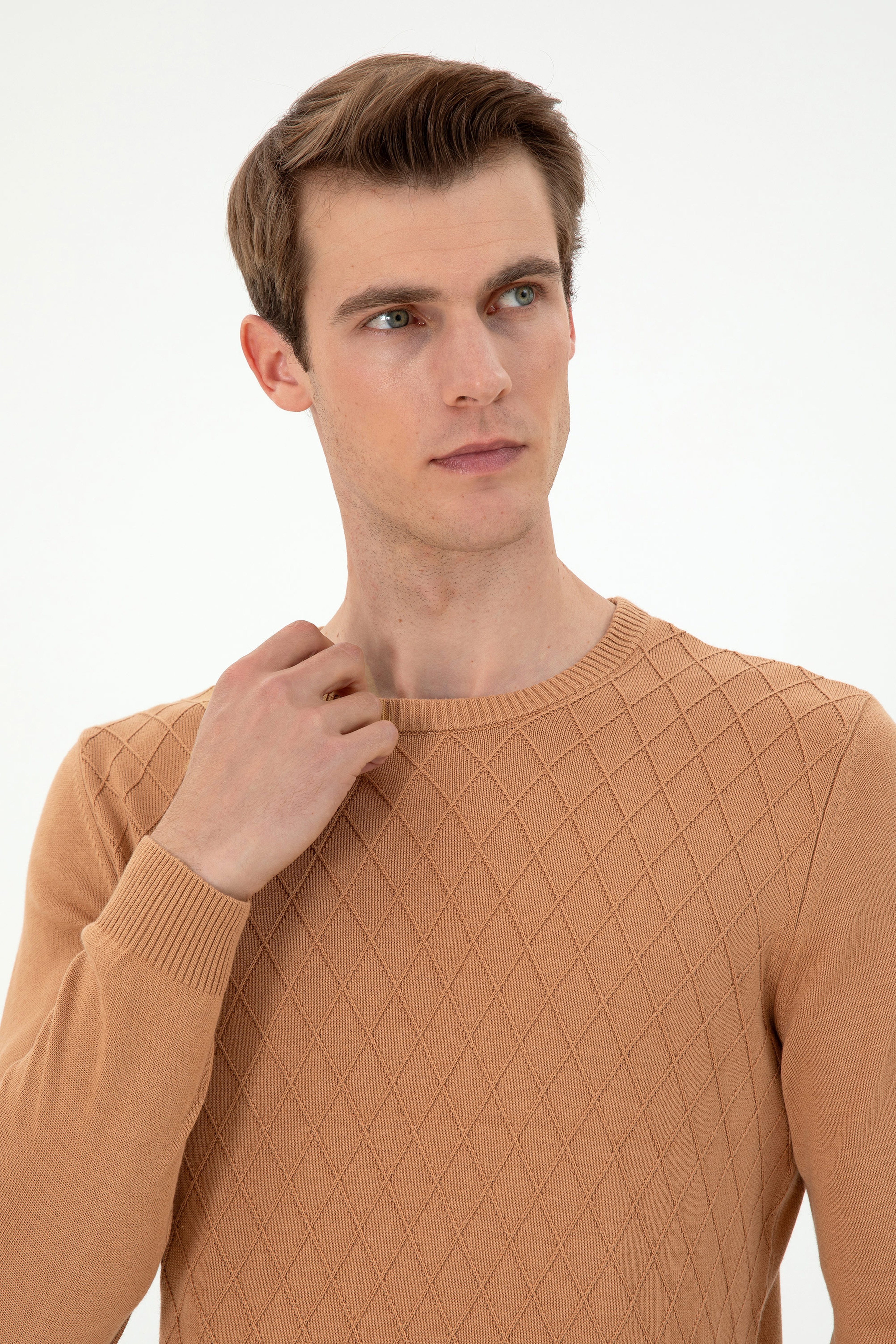 Erkek Slim Fit Bisiklet Yaka Camel Kazak