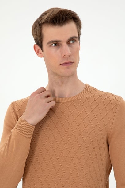 Erkek Slim Fit Bisiklet Yaka Camel Kazak