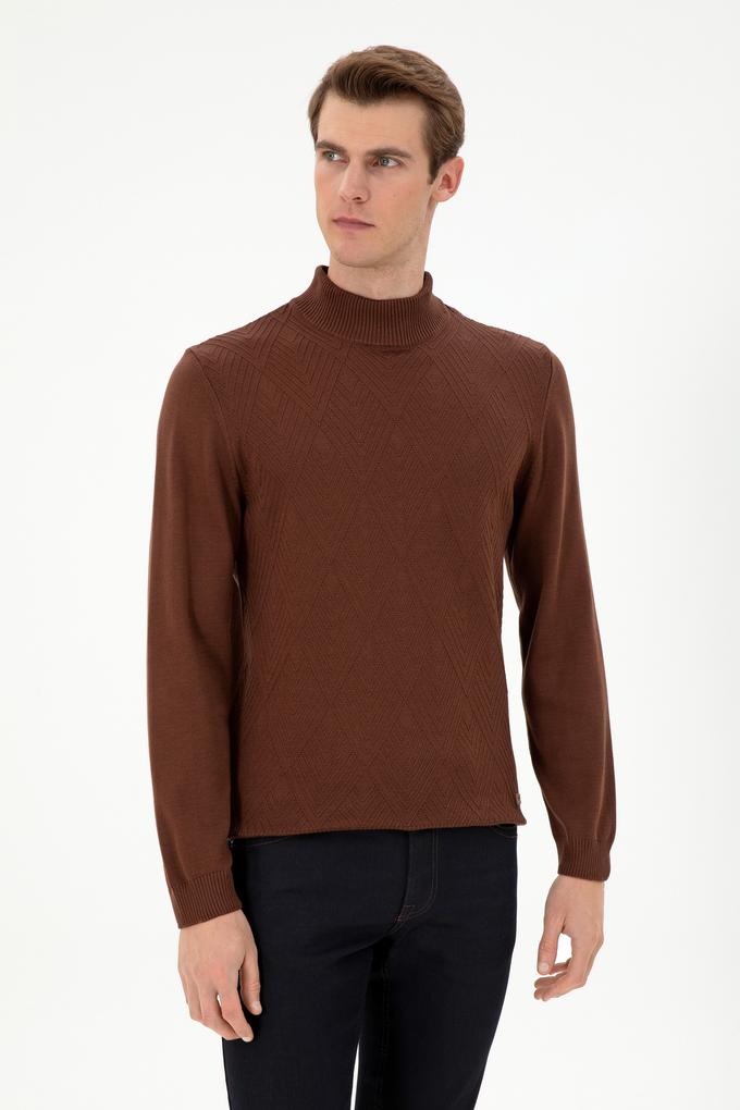 Erkek Slim Fit Yarım Balıkçı Yaka Kahverengi Kazak